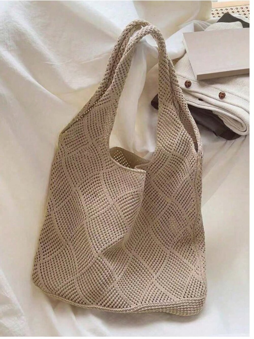 Tan Brown Geo Knitted Beach Shoulder Bag